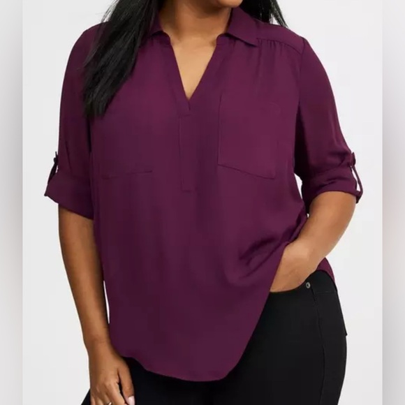 #x083 - Torrid Harper Georgette Collared Pullover 3/4 Sleeve Blouse Winter Bloom - Picture 2 of 13